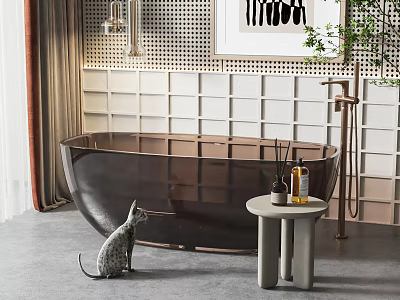 Copper Brown Bathtub In Modern Bathroom With Cat Small Table And Bath Products 3d model