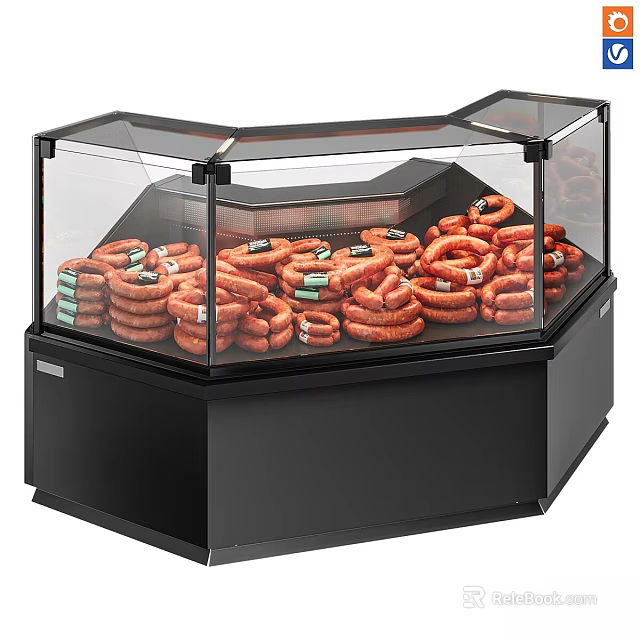 Black Glass Commercial Kitchen Display Cabinet With Sausages For Food 3d model 