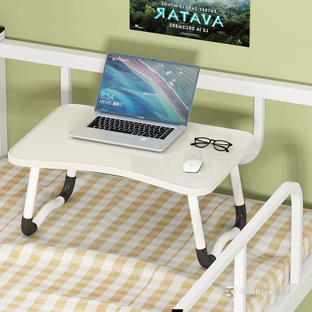 White Functional Desk with Wheels for Bed Use Featuring Laptop Glasses and Mouse 3d model