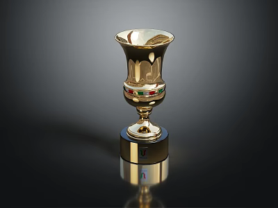 Golden Award Trophy With Decorative Bands And Reflective Base On Dark Background 3d model