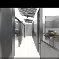 Modern Internet Cafe Corridor With Glass Partitions Dark Walls And City Night View