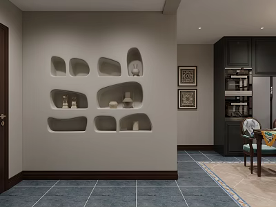 Stylish Interior Design Featuring Irregular Wall Niches With Small Ornaments Dark Cabinets And Blue Tiled Floor 3d model