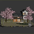 Cute Cartoon Scene With Japanese Houses Pink Cherry Trees Small Boat Red Torii Gate