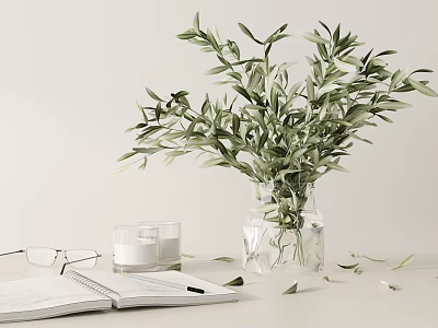 Decorative Ornament Set with Green Plant in Transparent Vase Notebook Pen Eyeglasses and Candle Cups 3d model