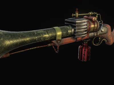 Vintage Engraved Steampunk Rifle With Golden Decorative Barrel And Wooden Stock 3d model