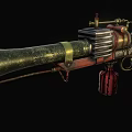 Vintage Engraved Steampunk Rifle With Golden Decorative Barrel And Wooden Stock