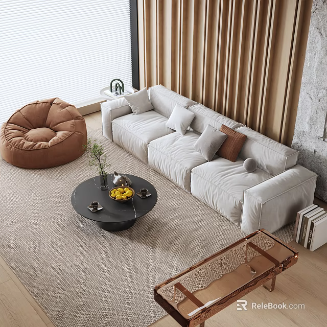 Casual White Sofa Set With Brown Bean Bag And Black Coffee Table On Rug 3d model 