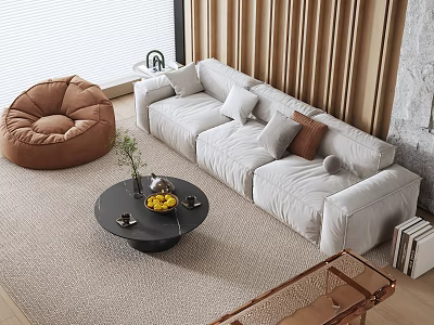 Casual White Sofa Set With Brown Bean Bag And Black Coffee Table On Rug 3d model
