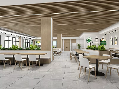 Modern Restaurant Interior With Wooden Ceiling White Tables Green Plants And Spacious Layout 3d model