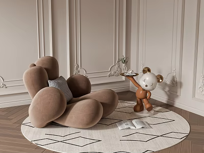Cozy Brown Plush Lazy Sofa on Geometric Rug with Teddy Bear and Books 3d model