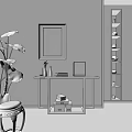 Modern Console Table With Golden Framed Art Vase Photo Frame Books Boxes And Green Plant