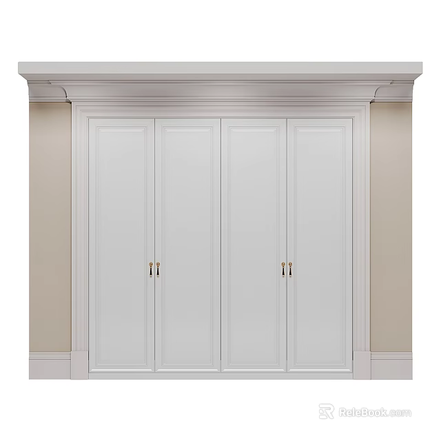 Sleek Modern White Four Door Built in Wardrobe Design With Metal Handles 3d model 