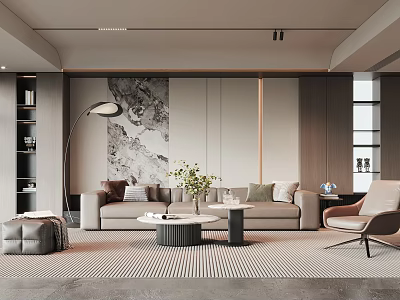 Modern Living Room Interior With Beige Sofa Geometric Rug Floor Lamp And Decorative Painting 3d model