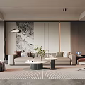 Modern Living Room Interior With Beige Sofa Geometric Rug Floor Lamp And Decorative Painting
