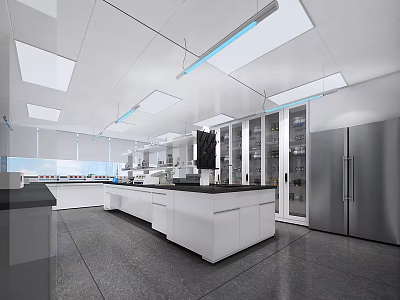 Modern Lab Interior With White Benches Cabinets And Bright Lighting 3d model