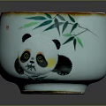 Light Blue Cup With Cute Panda Bamboo Leaf Design And Brown Rim