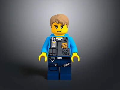 Lego Police Minifigure Featuring Blue Uniform Black Tactical Vest Police Badge And Yellow Hands 3d model