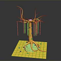 Golden Decorative Tree with Intricate Branches and Roots on Square Base Against Gray Background