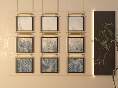 Nine Gold Framed Landscape Paintings On Beige Wall With Green Plant And Dark Decorative Panel 3d model