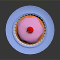 Delicious Cupcake With Pink Frosting Cherry On Top Served On Blue Plate