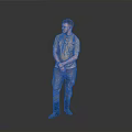 Man Standing Against Gray Background In Brown T-shirt Gray Pants Blue Boots With Hands Crossed