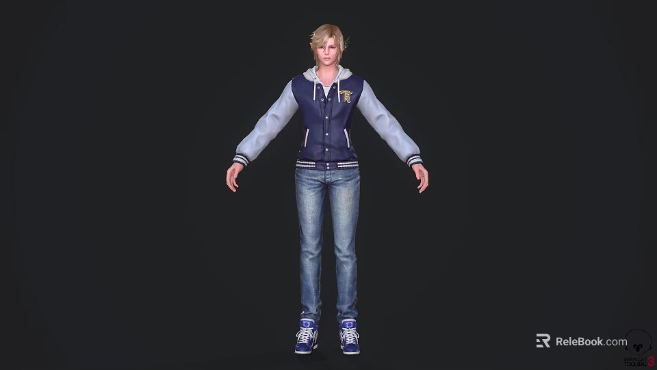 A Man In Navy And Gray Jacket Blonde Hair Blue Jeans Blue Sneakers Black Background 3d model 