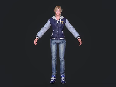 A Man In Navy And Gray Jacket Blonde Hair Blue Jeans Blue Sneakers Black Background 3d model