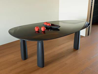 Modern Black Oval Dining Table with Red Fruits and Black Bowl on Wooden Floor 3d model