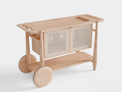 Functional Wooden Wheeled Table with Woven Panel Doors and Storage Shelves 3d model