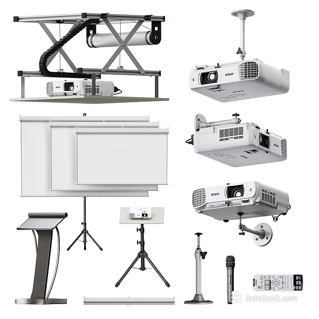 Projection Monitoring Equipment With Ceiling Mounted Projectors Foldable Screens And Tripod Stands 3d model 
