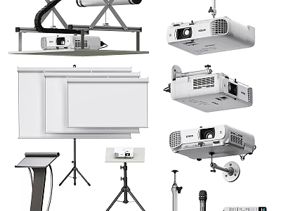 Projection Monitoring Equipment With Ceiling Mounted Projectors Foldable Screens And Tripod Stands 3d model