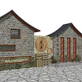 Traditional Chinese Scenic Wall with Stone Structure Wooden Fortune Character Trees and Stone Pavement