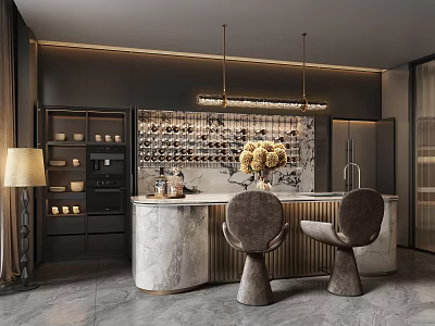 Modern Restaurant Interior With Marble Counter Wine Rack Pendant Lights Decorative Flowers And Chairs 3d model