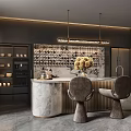 Modern Restaurant Interior With Marble Counter Wine Rack Pendant Lights Decorative Flowers And Chairs
