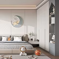 Stylish Kids Bedroom With Moon Decor Bookshelf Stuffed Toys Study Desk And Striped Rug