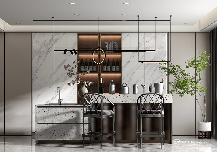 Modern Bar Area Interior With Marble Wall Wine Rack Hanging Pendant Lights And Bar Stools 3d model 