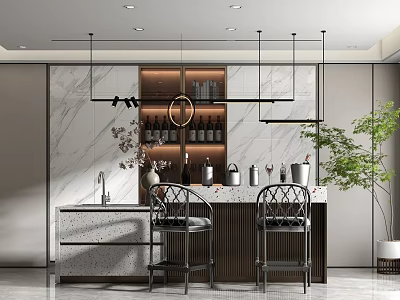 Modern Bar Area Interior With Marble Wall Wine Rack Hanging Pendant Lights And Bar Stools 3d model