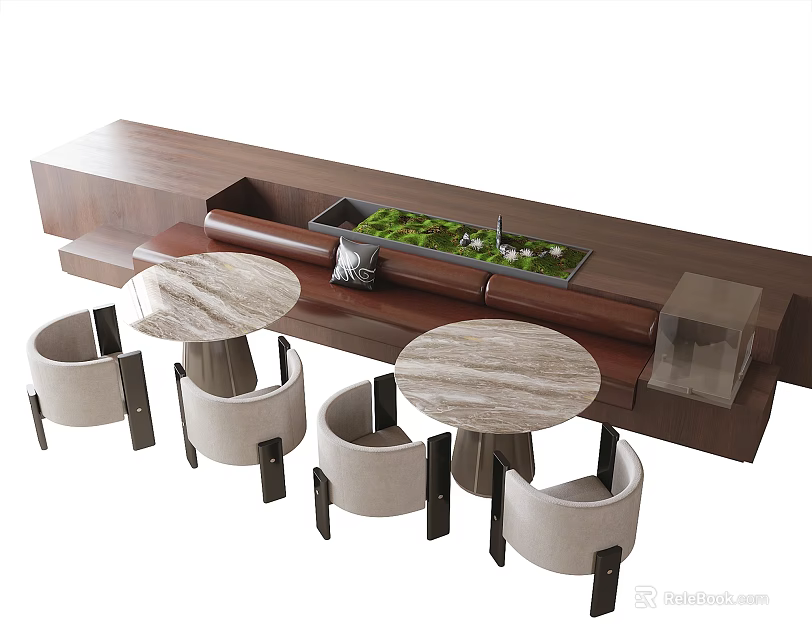 Table and Chair Set with Marble Top Tables Beige Fabric Chairs Wooden Surface Green Plant Trough 3d model 