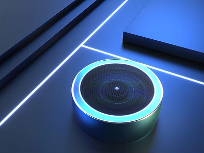 Round Commercial Smart Device With Blue Illuminated Edge And Modern Design 3d model