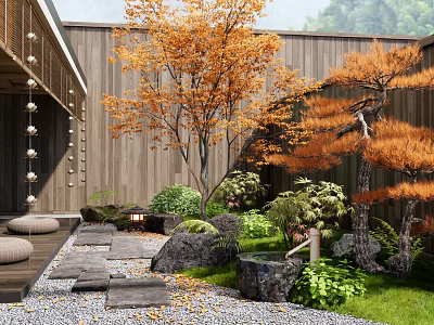 Serene Courtyard Garden with Wooden Walls Orange Leaved Trees Stone Path Rocks and Green Plants 3d model