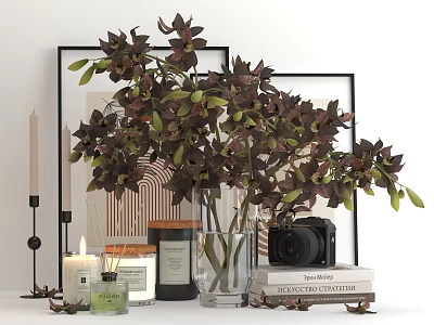 Decorative Ornament Set Featuring Foliage Vase Candles Picture Frame Books and Camera 3d model