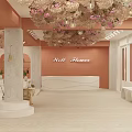 Interior With Flower Adorned Ceiling Orange Walls Stone Bookshelf Wooden Tables And Refrigerated Cases