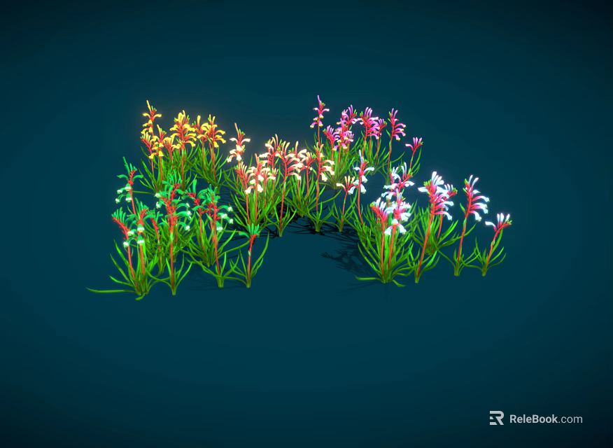 Vibrant Plants With Colorful Small Flowers And Green Leaves On Dark Blue Background 3d model 