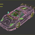 Gray Sports Car 3D Model With Sleek Design Rear Spoiler And Transparent Roof