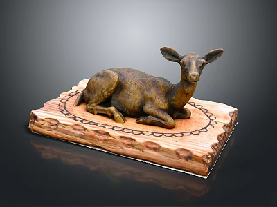 Bronze Deer Sculpture Reclining On Decorative Wooden Base With Intricate Carved Patterns 3d model