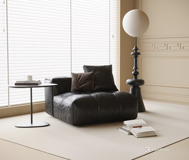 Black Single Seater Sofa With Side Table Floor Lamp And Books By Window With Blinds 3d model 
