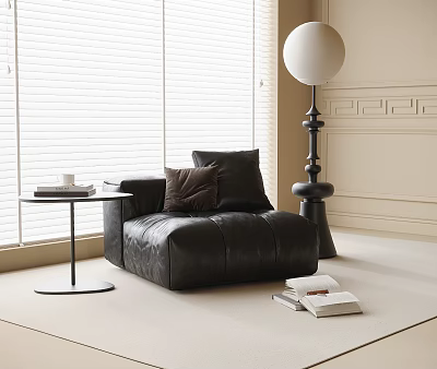 Black Single Seater Sofa With Side Table Floor Lamp And Books By Window With Blinds 3d model