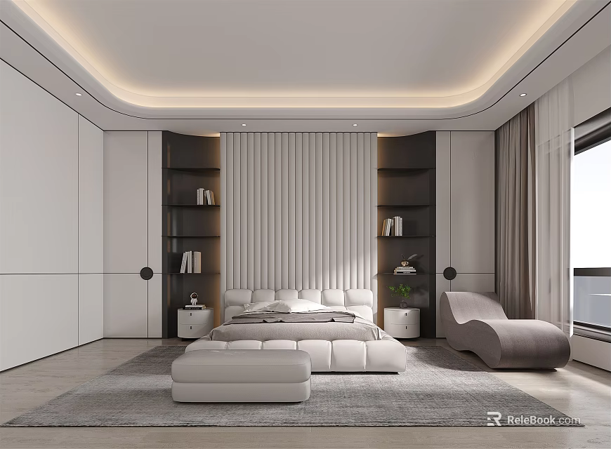 Modern Bedroom Interior Design With Large Bed Dark Shelves Beige Curtains And Gray Rug 3d model 