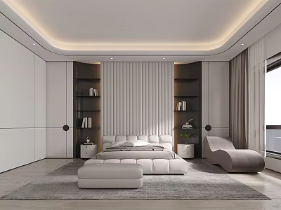 Modern Bedroom Interior Design With Large Bed Dark Shelves Beige Curtains And Gray Rug 3d model