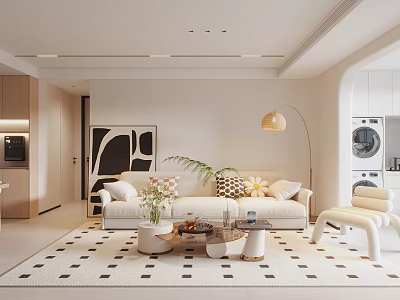 Minimalist Living Room Interior Design With White Sofa Throw Pillows Floor Lamp And Potted Plant 3d model